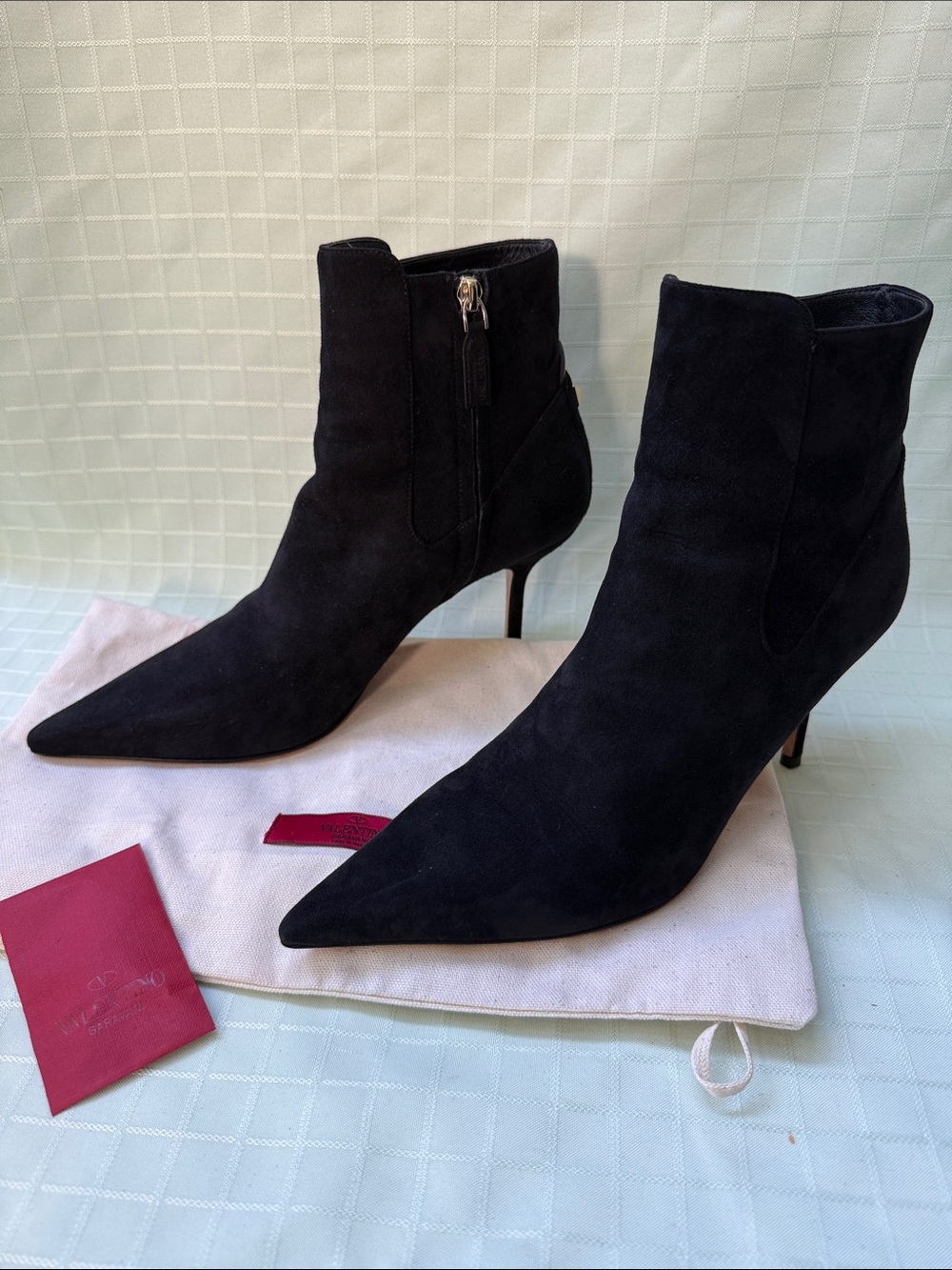 Valentino Garavani Black Suede Pointed Ankle Booties with Stiletto Heel